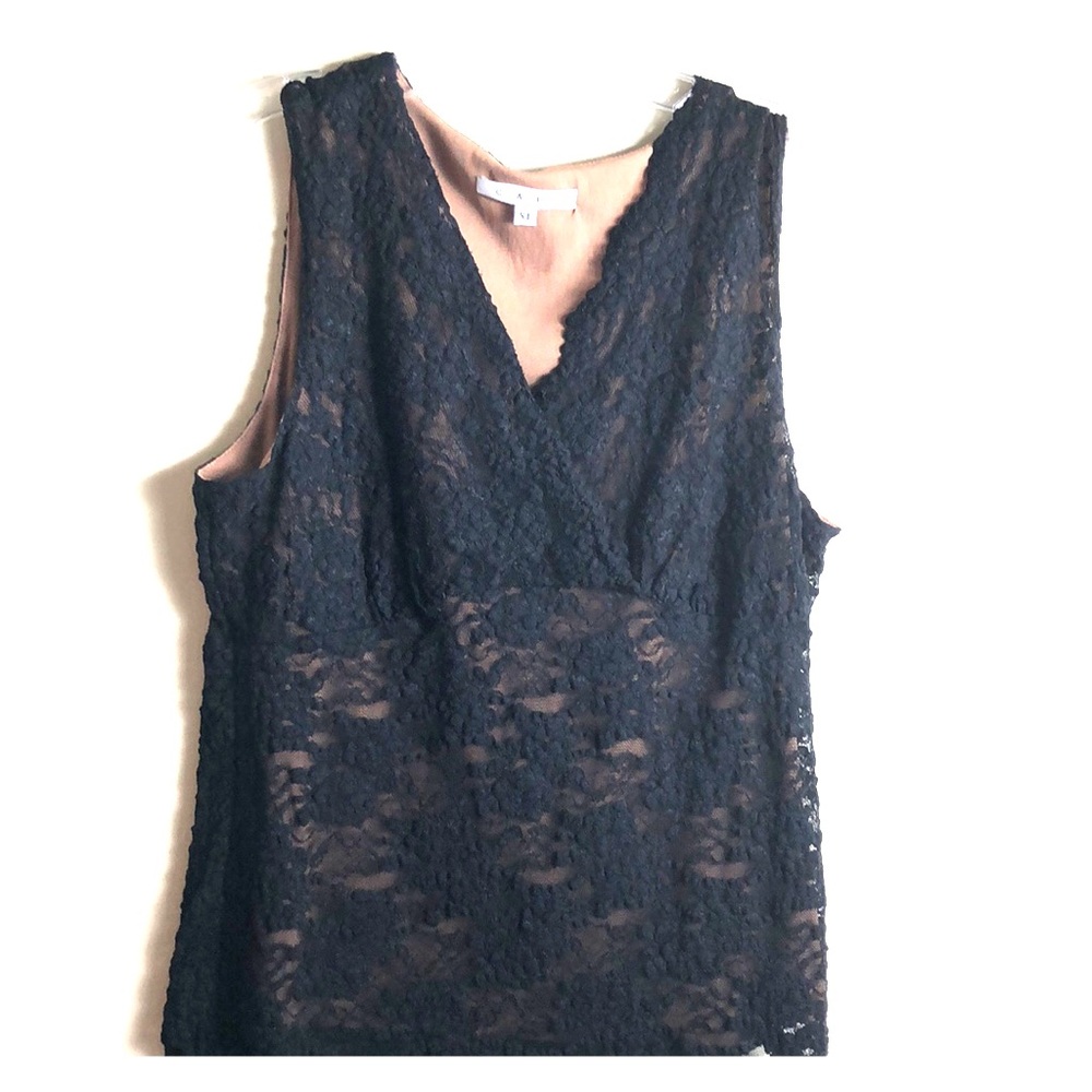 CABI black lace top V-neck nude lining XL